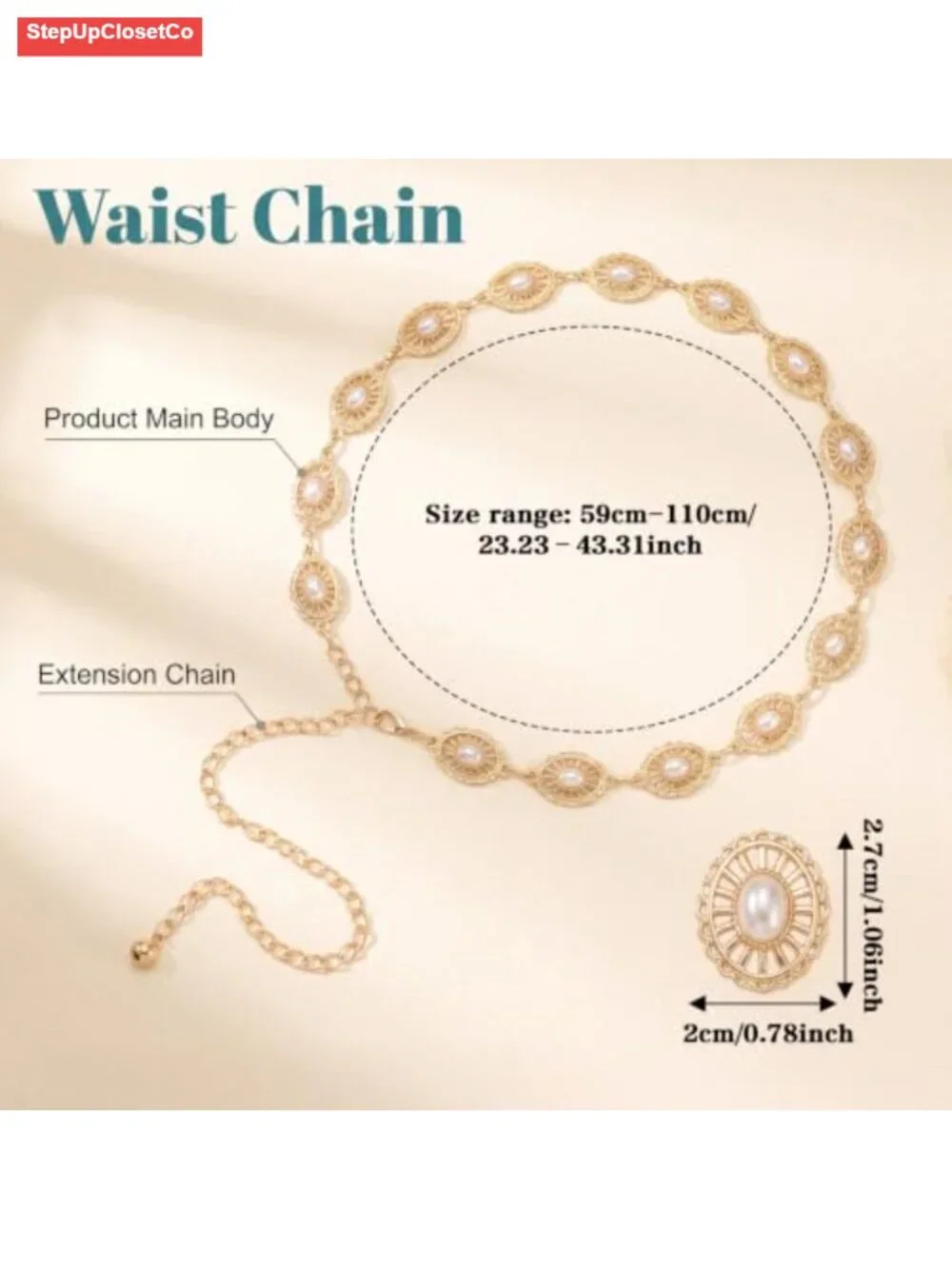 Adjustable Gold Waist Chain Belt Women Boho Vintage Pearl Metal Concho Belt